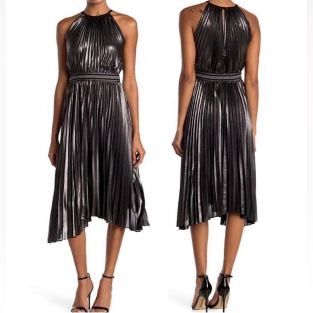 Bailey 44 Metallic Silver Pleated Halter Midi Dress A-line Cocktail Party Glam